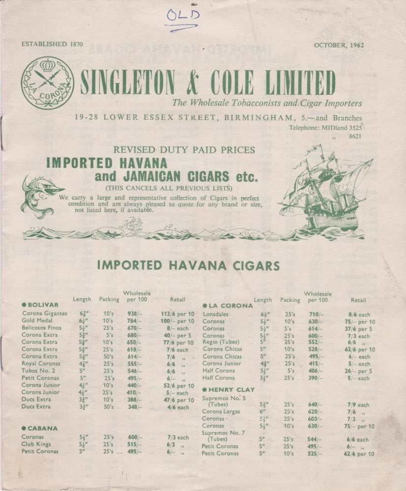 1962 Singleton & Cole Limited Price List