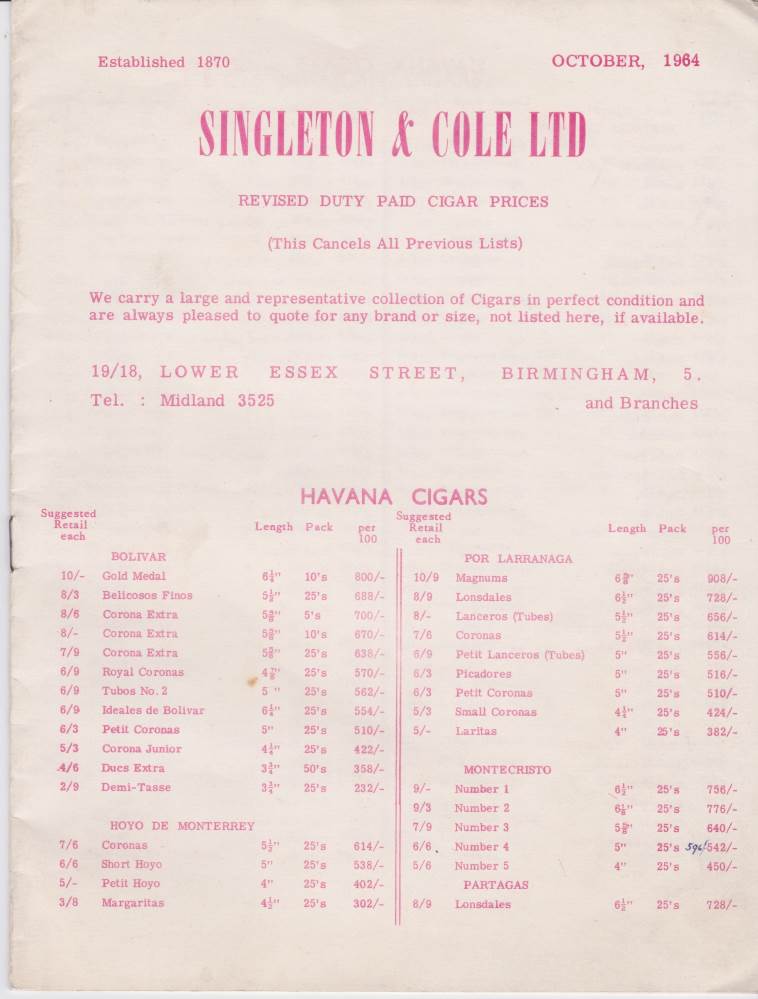 1964 Singleton & Cole Limited Price List
