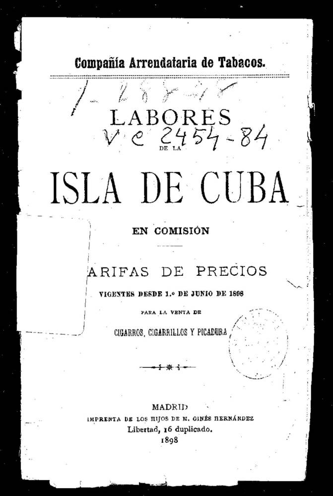 1898 Spanish Government Price List for Cuban Cigars